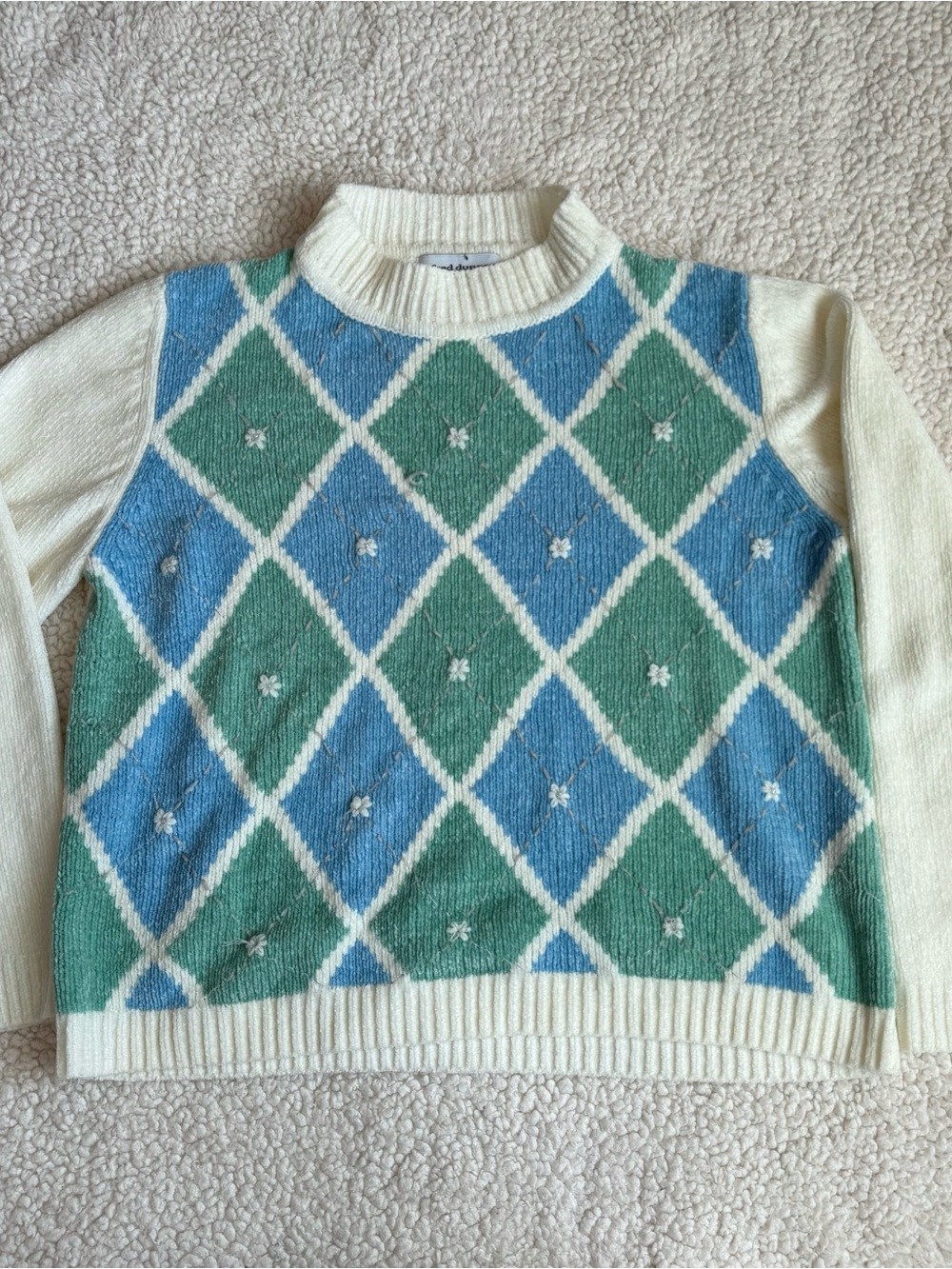 Alfred Dunner Cream Mock Neck Sweater with Blue & Green Argyle Front